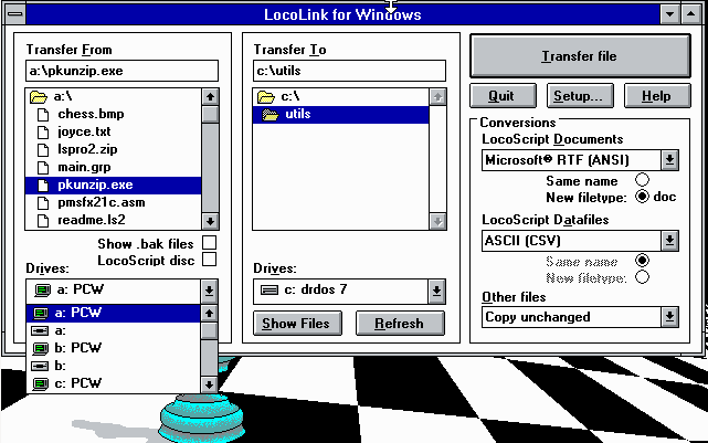 [Screenshot of LocoLink for Windows showing PCW in drive chooser